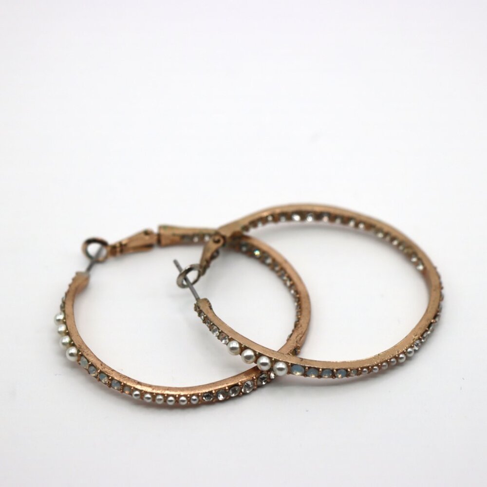 Gold Jeweled Hoop Earrings with Faux Pearls & Rhinestones – Vintage Inspired Sta